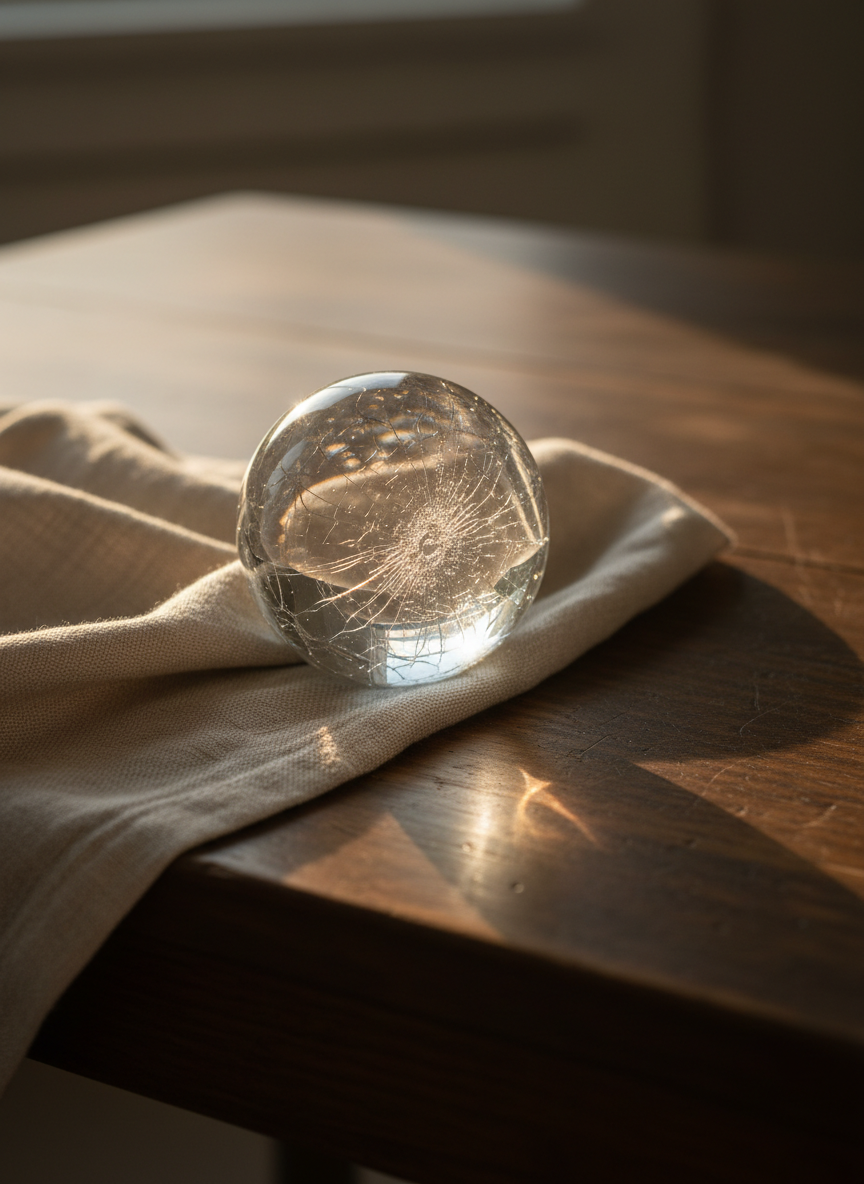 A finely crafted, translucent glass sphere with hairline cracks running delicately across its surface, resting gently on a folded piece of textured, off-white linen atop a dark wooden table. The wood is slightly worn, with visible grain and small imperfections softened by age. Warm late-afternoon light pours in from an unseen side window, creating subtle reflections inside the sphere and casting a soft, elongated shadow across the fabric. The mood is intimate, protective, and quietly dignified. The composition follows the rule of thirds, with the sphere slightly off-center, and a shallow depth of field blurs the background into a neutral haze. The photographic style is clean and minimal, evoking the idea that fragile things can be safely held and respectfully observed.