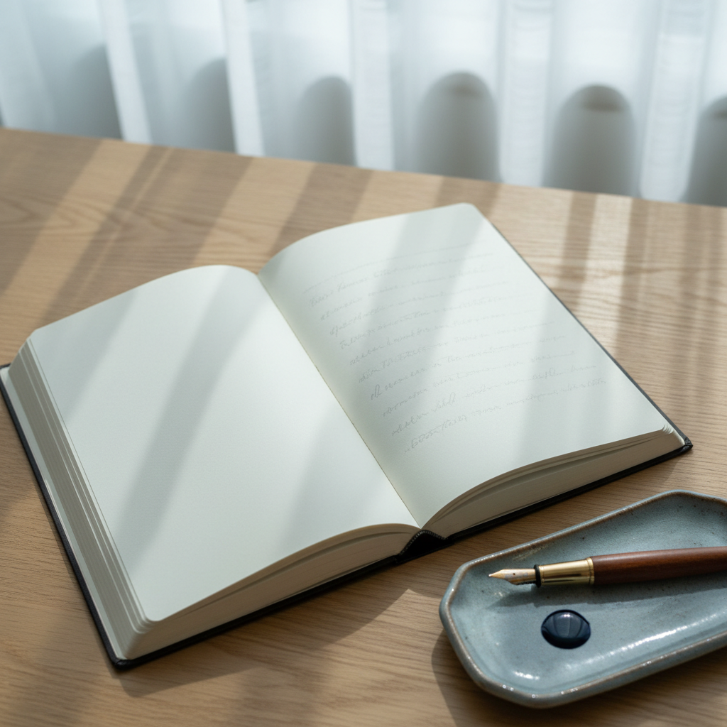 An open, hardcover notebook with thick, cream-colored pages lies on a simple oak desk, its left page blank and the right page filled with faint, embossed lines suggesting past writing without revealing any words. Beside the notebook, a single, well-used fountain pen rests on a small ceramic tray, a drop of dark blue ink forming a tiny, imperfect circle. Soft, cool daylight filters through sheer curtains in the background, giving the scene a hushed, reflective tone. Gentle shadows fall diagonally across the desk, emphasizing texture and detail. Shot from a slightly elevated angle with medium depth of field, the notebook dominates the frame while the edges fade into subtle blur. The photographic realism feels sophisticated yet accessible, suggesting a safe space where real stories of vulnerability can be carefully recorded and honored.