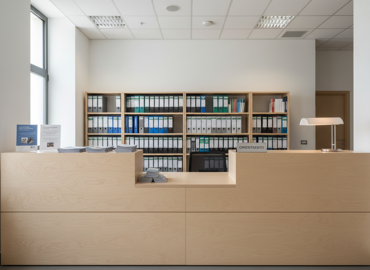 A quiet, modern information desk in a civic center, shown without any human presence. The desk is made of pale birch wood with clean lines, its surface organized with a few neatly stacked pamphlets, a small metal sign engraved with the word “Orientamento”, and a soft-glowing, frosted glass desk lamp. Behind it, modular shelves hold labeled binders and folders in muted blues and greys, hinting at an orderly system of rights and services. Diffused ceiling lights mix with a soft natural glow from a large side window, creating balanced, shadow-free illumination. Photographed at eye level with sharp focus throughout, the composition uses symmetrical framing to convey reliability and clarity. The overall mood is welcoming, calm, and professional, in a realistic photographic style that embodies a trustworthy reference point for fragile situations.