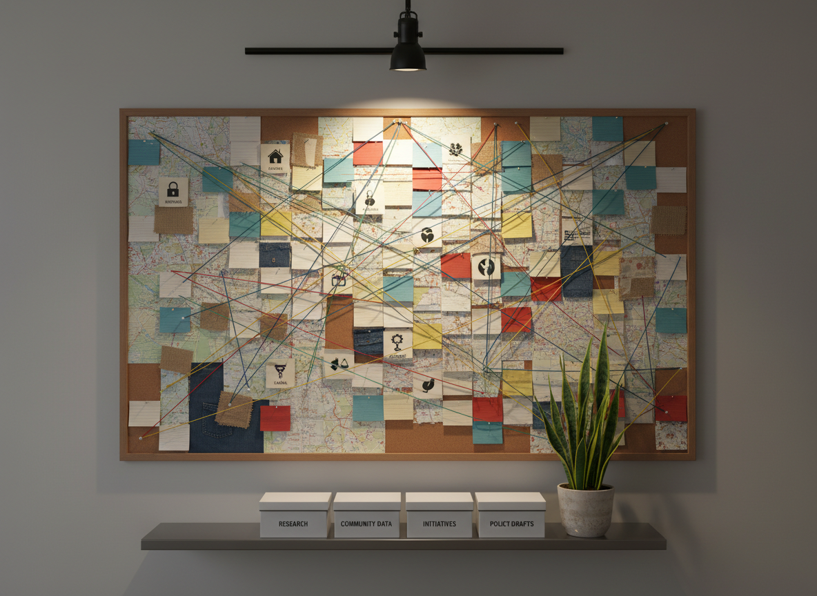 A large corkboard mounted on a clean, light-gray wall, densely but neatly covered with overlapping index cards, maps, fabric swatches, and color-coded strings connecting different pins. Some cards are printed with icons for housing, health, work, and legal support, while others show simple, abstract symbols of vulnerability like an open lock or a cracked circle. A slim metal shelf beneath the board holds labeled boxes and a small potted plant with resilient, deep-green leaves. Overhead, a single adjustable spotlight casts warm, focused light onto the board, leaving the surrounding room in gentle shadow. Shot from a straight-on angle with moderate depth of field, every pinned element is readable, yet the edges drift softly out of focus. The photographic realism and structured composition suggest a sophisticated, civic-minded effort to map and connect forms of human fragility across a nation.