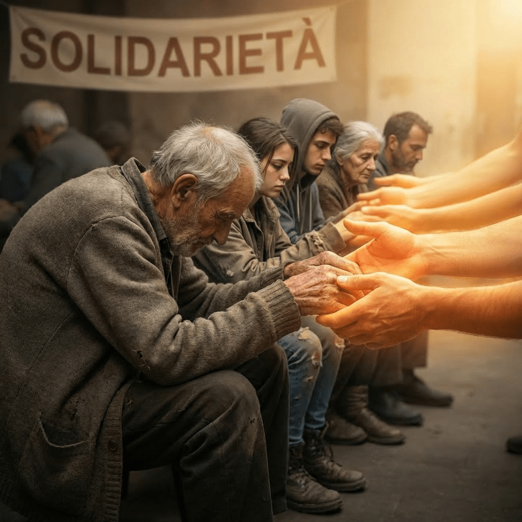 Elderly men receive support from glowing hands under a banner that says SOLIDARIETÀ.